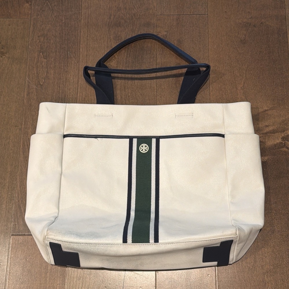 Tory Sport Canvas Tote Bag White Blue Green Stripe Womens Shoulder Purse